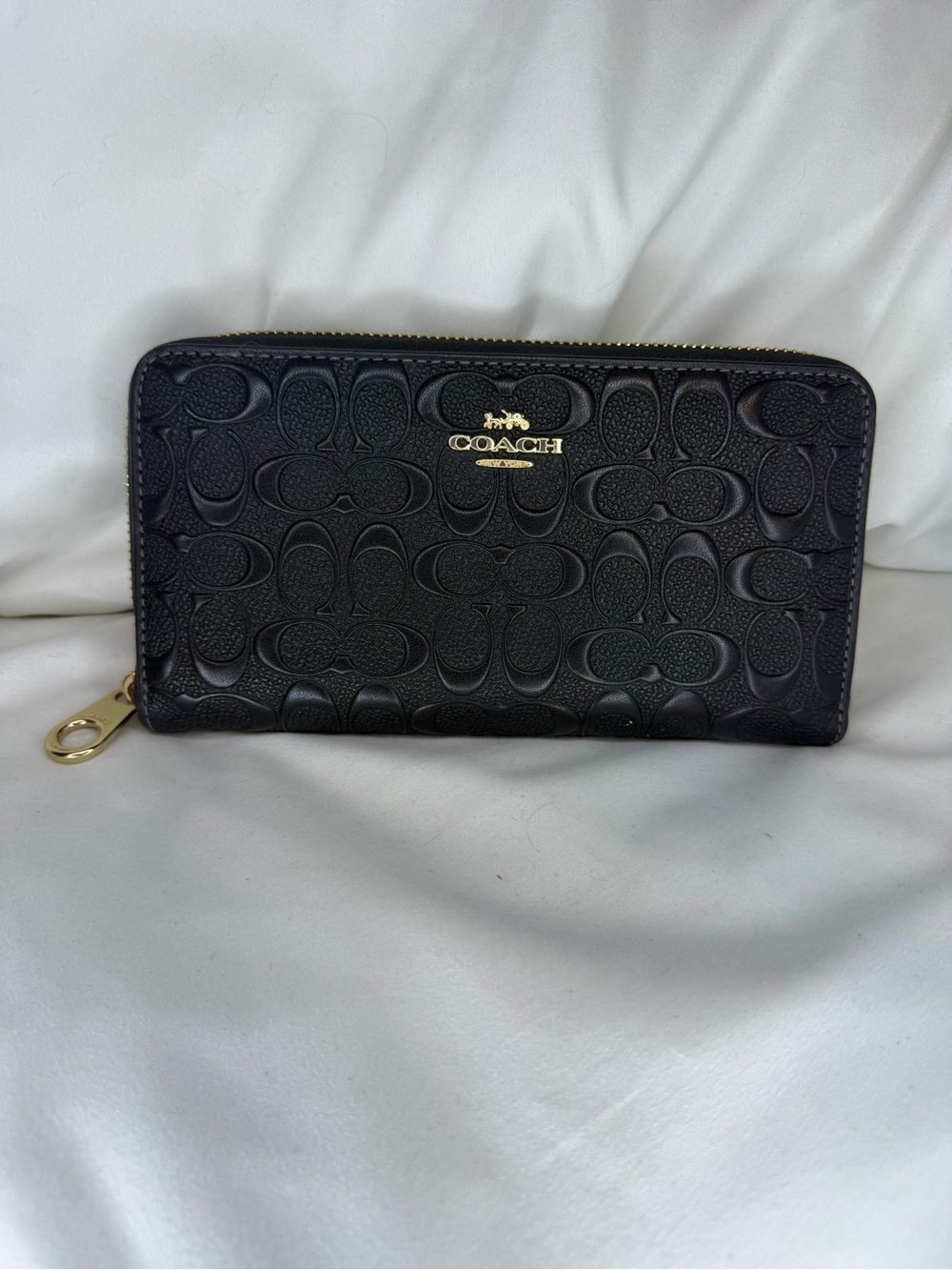 Coach Black Embossed Signature Zip Wallet with Gold Hardware